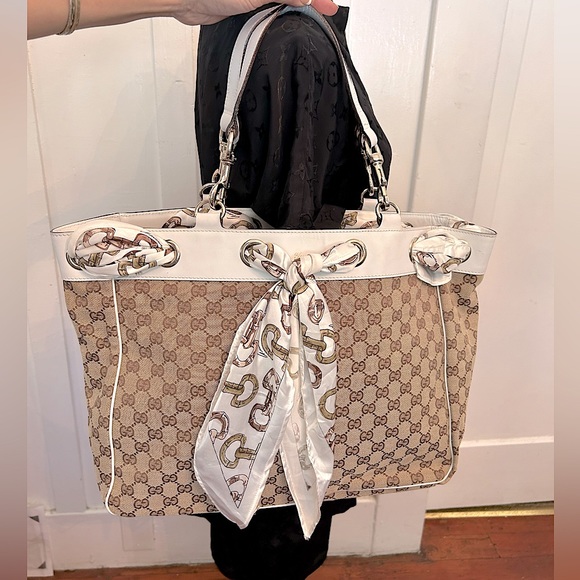 Gucci Handbags - Large Gucci Beige Ebony GG Canvas Positano Tote Bag with Silk Gucci Scarf.